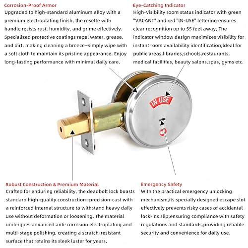 YoukeyHomi Stainless Steel Silver Indicator Deadbolt Privacy Door Lock Commercial Grade-2 60/70MM Backset Clear IN-USE Or VACANT For Public Restrooms Toilets Hospitals Offices (Stainless Steel Silver) by YoukeyHomi - Used condition - Image 5