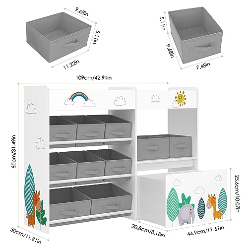 HOCSOK HOCSOK Spielzeugregal, Kinderregal mit 10 Stoff Aufbewahrungsboxen, Bücherregal, Spielzeugkiste auf Rollen, Spielzeug-Organizer im Kinderzimmer, Weiß - Produktansicht 3 | Kinderzimmermöbel