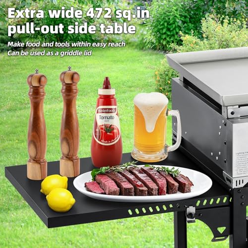 MELLCOM 3 Burner 30000 BTU Outdoor Gas Griddle with Lid (Side Shelf), Portable Flat Top Griddle 28 Inch Heavy- Duty Cast lron Grill, Bottle Rack & Grease Pan for Camping, Picnic, Patio - Thumbnail 7