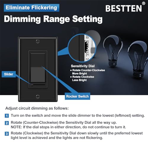Image of BESTTEN 2 Pack Dimmer Wall Light Switch, Single Pole or 3-Way LED Slide Dimmer Switch, Compatible with Dimmable LED, Incandescent, Halogen and CFL Bulbs, Wallplate Included, UL Listed, Gloss Black