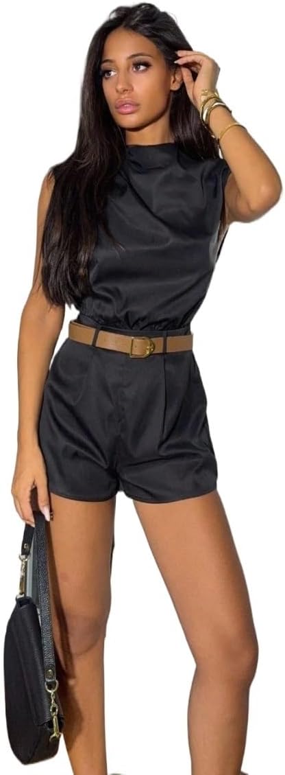 Rompers for Women Summer 2026 HIGH NECK SOLID POCKET JUMPSUIT WITH BELT