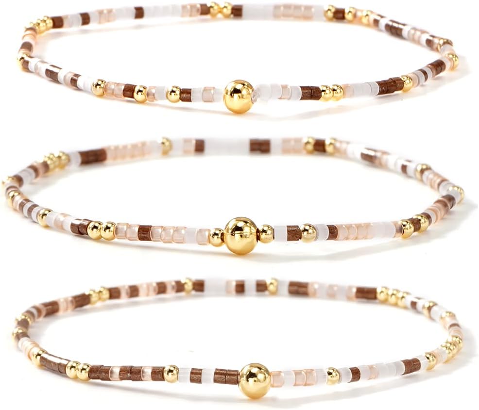 Colorful Gold Beaded Bracelets for Women Boho Tiny Gold Plated Ball Stretch Stackable Small Seed Beads Bracelet Stack Trendy Jewelry Set Dainty Vacation Friendship Christmas Gifts for Women