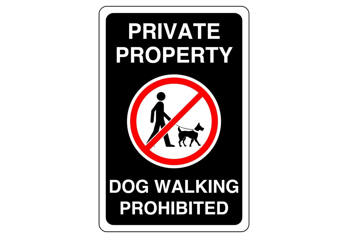 Private property dog walking prohibited - 3mm Aluminum Dibond high-visibility and durability for indoor/outdoor usage (300mm x 200mm) Ensures Safety Within 7m Viewing Distance.