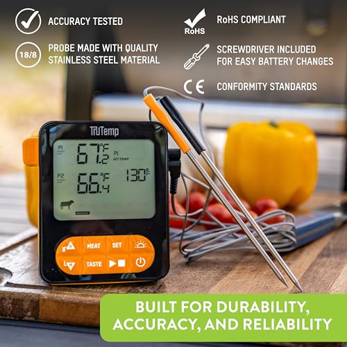 Image of Taylor TruTemp Dual Probe Wired Programmable Meat & Food Thermometer, Digital, Monitor Two Dishes, Baking, Grilling, Roasting, User-Friendly, Backlit, Orange