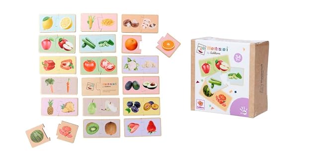 Eichhorn Puzzle Montessori de Madera, Frutas y Verduras, 34 Piezas con imágenes Reales, FSC