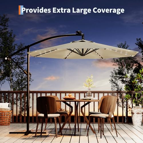 10FT Solar Lights Cantilever Umbrella outdoor patio, Offset Patio Umbrella with Easy Lift & Tilt Adjustment, UV Protection Fade Resistant for Deck, Pool, Garden, Beige