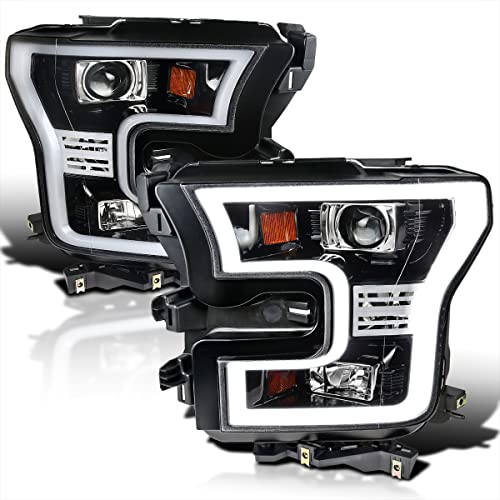 Spec-D Tuning Jet Black Projector Headlights W/LED Daytime Compatible with 2015-2017 Ford F150, Left + Right Pair Headlamps Assembly