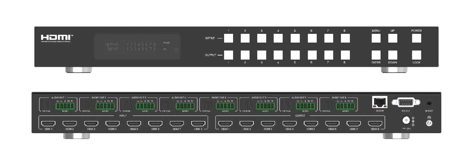 8x8 8K HDMI Matrix Switch 8K60Hz YCbCr 4:2:0 10bit. HDMI 2.1 y HDCP 2.3. Conmutación rápida. Reducción de escala y desincrustación de audio. Diseño de montaje en rack 1U.