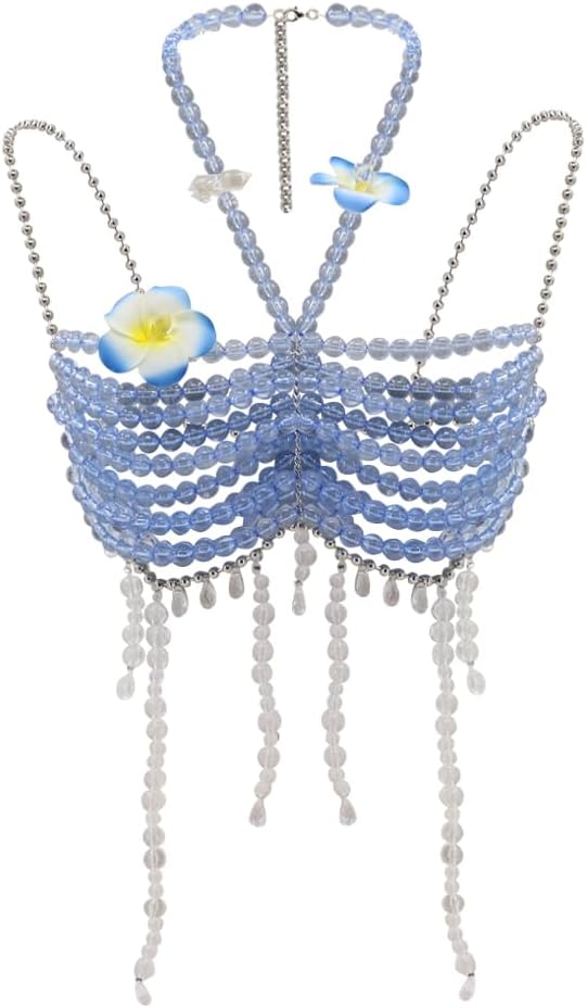 Handmade Blue Beads Body Chain, Mermaid Top Rave Outfit Body Jewelry, Flower Body Chain Mermaid Costume, Beaded Bra Top Bikini Jewelry Bridal Jewellery, Beaded Necklace Jewellery