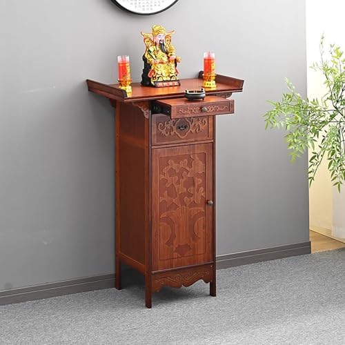 Buddhist Bamboo Cabinet Pedestal Table with Drawer & Double Doors, Ideal for Home or Altar Use, 25.9x15.7x39.4in - Perfect for Witchcraft & Meditation Spaces.