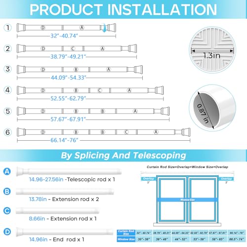 Image of 2 Pack Spring Tension Curtain Rod 32-76 inch, Adjustable Expandable Tension Curtain Rod No Drilling, Tension rods for Window Doorway Kitchen Curtain, White