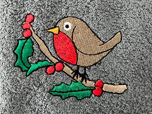 Christmas Robin 100% Cotton Three Pack Kitchen Tea Towels in Grey for The Festive Season