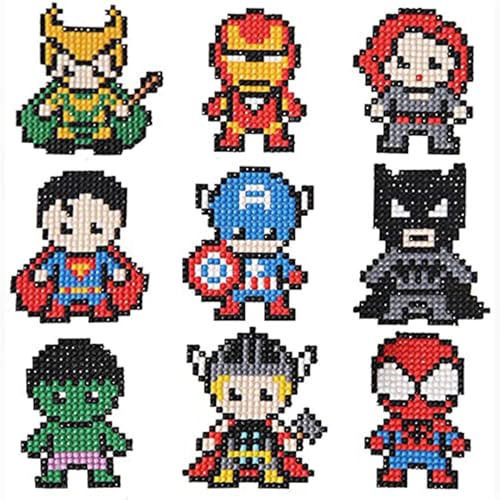 Image of YellowCult Diamond Painting Stickers Kits for Kids, DIY 5D Diamond Art Mosaic Stickers by Numbers Kits - 9 Pieces [Super Hero Theme]