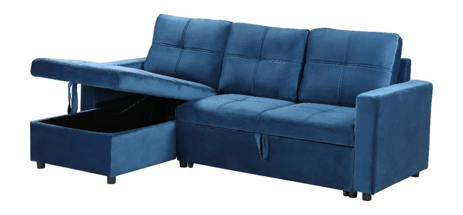 IBERA Sofá Cama Chaise Longue PAU, 215x135cm - Diseño Moderno, Almacenamiento - Color Azul Terciopelo