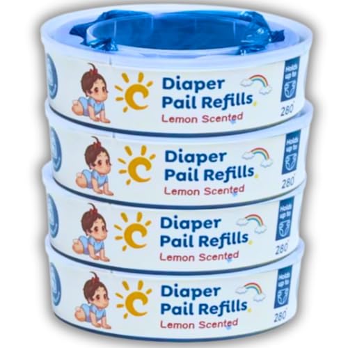 Image of Diaper Pail refill bags 4 Pack, Holds upto 1120 daipers Lemon scented, trash diaper pail refills, pamper trash, Compatible with diaper genie bags refill