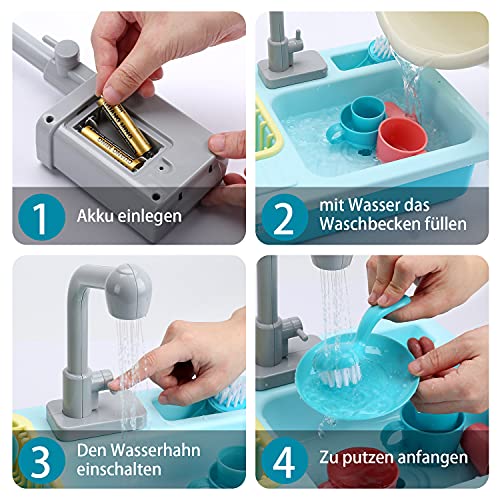 cute stone Küchenspüle Spielzeug Set mit warmbarem Wasser-Recycling Wasserhahn und Waschbecken, Wärme Farbwechsel Geschirr Set, mit Obst-Schneiden für Kinder ab 3 Jahre (Blau)