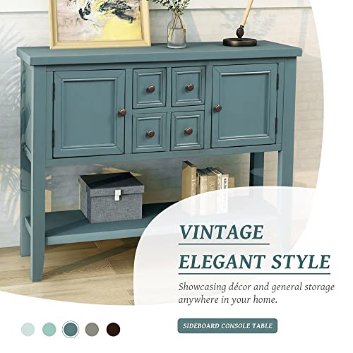 Knocbel Vintage Wood Console Table Buffet Sideboard With 4 Storage Drawers, 2 Cabinets & Bottom Shelf, Entryway Hallway Foyer Table Cupboard Coffee Bar Cabinet, 46" L X 15" W X 34" H (Dark Blue) #TOP7