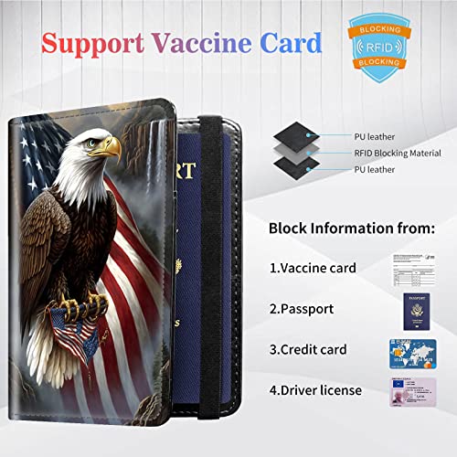 Passport Wallets and Vaccine Card Holder Slot,RFID Blocking Leather Passport Holder Book Cover Case with CDC Vaccination Card Slot,Travel Documents Organizer Protector+Metal Pen,Eagle and US Flag3