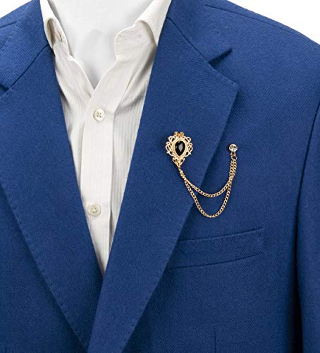 Knighthood Stone With Gold Engraving Chain Lapel Pin Badge Coat Suit Collar Accessories Brooch For Men (Black) #TOP2
