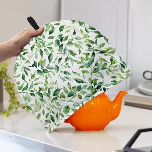 Image of Teapot Cozy Tea Cozies Double Insulated Keep Tea Warm Tea Pot Cozies Teapot Dust-Proof Cover Perfect for a Traditional English High Tea Experience, Green Leaf White