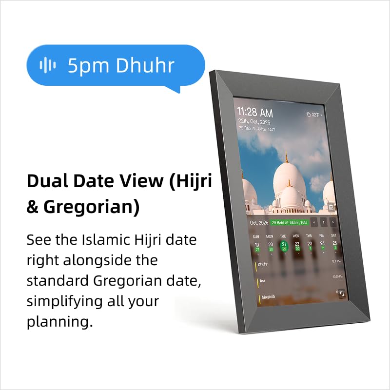 Calendario digitale islamico Hijri, orologio da preghiera, timer intelligente Azan con doppio calendario, pianificazione audio Qur'an, orari di preghiera basati sulla posizione
