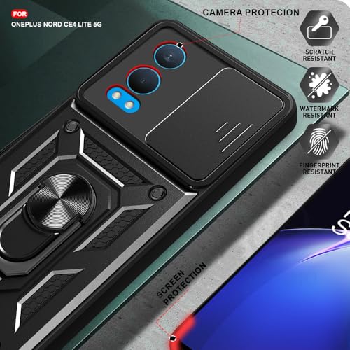 Image of AESTMO Tough Armor OnePlus Nord CE 4 Lite 5G Bumper Back Case Cover | Ring Holder & Sliding Camera Shield Cover | 360 Degree Protection Back Case Cover for OnePlus Nord CE 4 Lite 5G (Black)