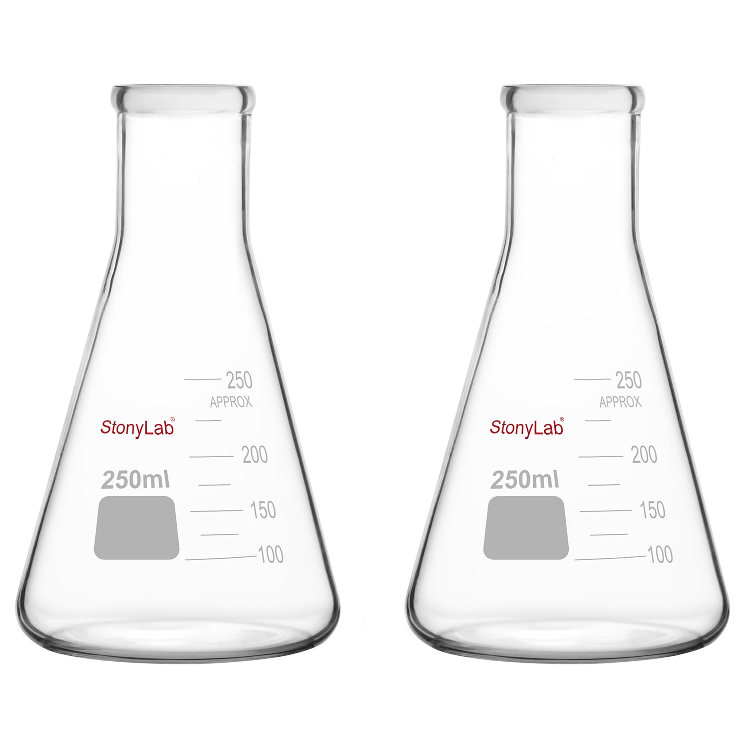 stonylab Fioles Erlenmeyer, Lot de 2 Fioles Erlenmeyer en Verre Borosilicaté à Col Étroit de 250 ml à Paroi Épaisse, Matériel de Laboratoire