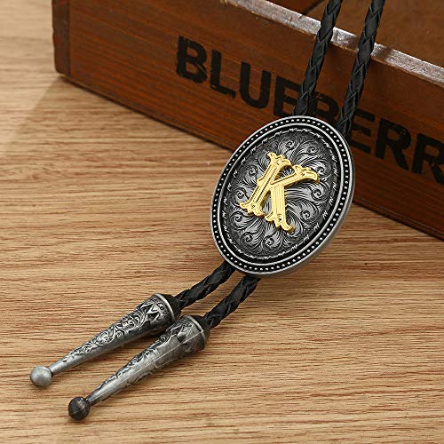 KDG bolo tie for man Golden Initial A to Z oval shape Antique silver blackground