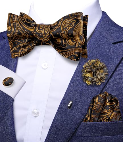Image of Dubulle Self Tie Bow Ties and Lapel Pin for Men Paisley Solid Mens Bowtie and Handkerchief Cufflinks Set Wedding