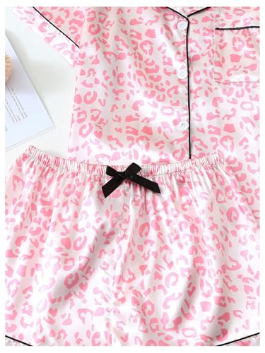 Image of SHENHE Women's 2 Piece Satin Pajama Set Leopard Short Sleeve Button Down Pj Shorts Set