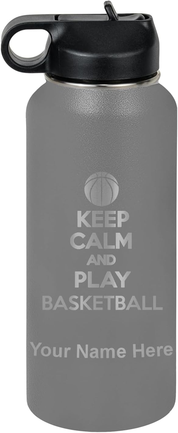 LaserGram Personalized Water Bottle, Keep Calm and Play Basketball, Stainless Steel Double Wall Vacuum Insulated with Flip Top Straw, Custom Engraved Gift (32oz / 950ml Gray)