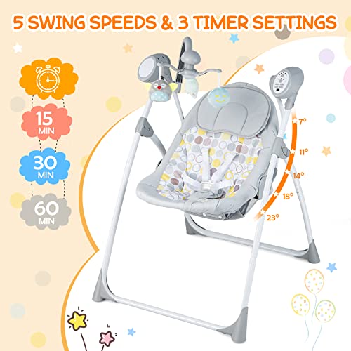 Baby Joy Baby Swings For Infants, Portable Rocker W/ 5 Swing Speeds, 3-Position Adjustable Backrest, 3 Timer Settings, 12 Melodies & 5 Natural Sounds, Electric Compact Swing Chair For Toddlers (Gray) #TOP2