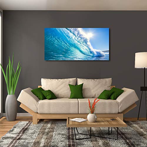 Image of Haichuang Decor Art Framed Ocean Wave Wall Art, 48x24 Inch Large Horizontal Turquoise Sea Canvas Prints, Coastal Beach Nautical Wall Decor for Living Room Bedroom Bathroom Ready to Hang