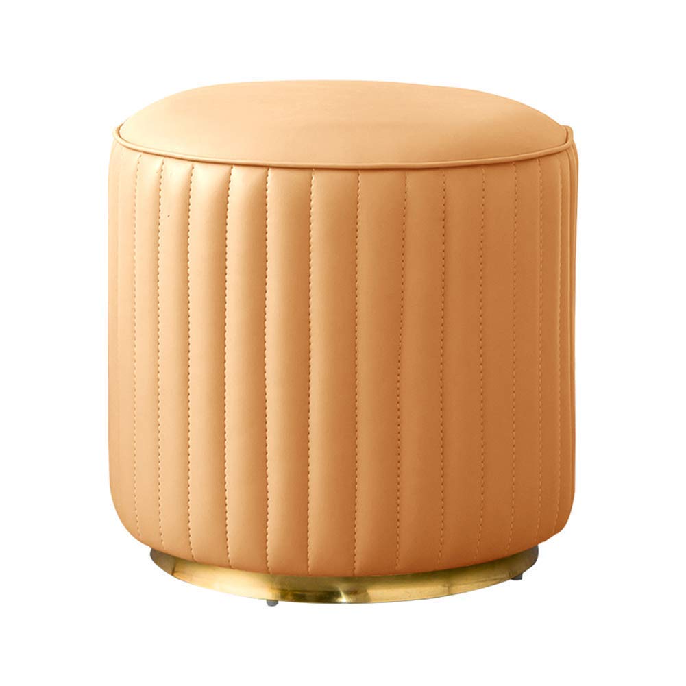 Pouf Rond en Cuir Repose-Pieds Moderne Marron avec Socle Plaqué Or