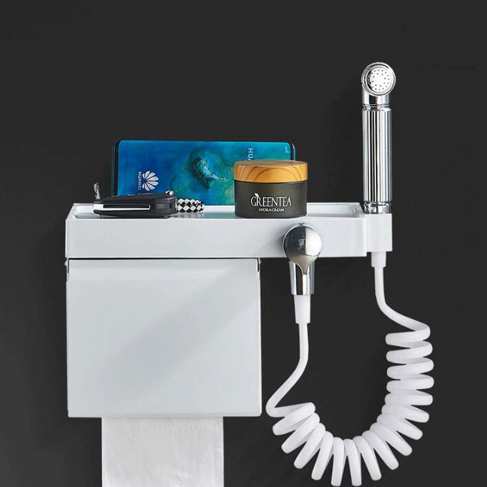 Collic Tissue Box,Multi-Function Stainless Steel Toilet Paper Roll Holder Wall Mount with Spray Gun Tissue Box Cover Countertop with Storage Shelf, Black, 11.02"/White