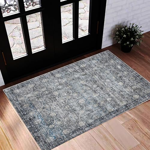 CHAMPLANT Washable Area Rug 2'x3' Door Mat Vintage Distressed Doormat Indoor Entrance Traditional Thin Rug Floral Print Non Slip Carpet for Kitchen Bathroom Bedroom Living Room