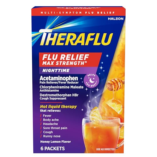 Theraflu Max Strength Nighttime Flu Medicine for Flu Symptom Relief with Acetaminophen, Dextromethorphan HBr, and Chlorpheniramine Maleate, Honey Lemon Flavored - 6 Powder Packets