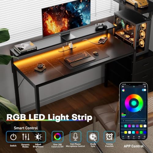Image of HLDIRECT 60 Inch Gaming Desk with Power Outlets & LED Lights, Black