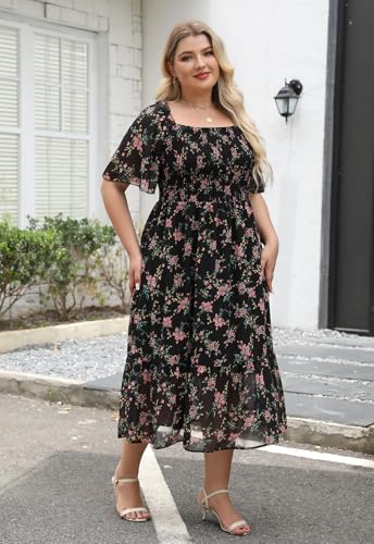 Image of Keluummi Plus Size Wedding Guest Maxi Dresses for Curvy Women, Summer Casual Boho Floral Smocked Empire Waist A Line Sundress
