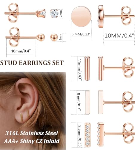 FIBO STEEL 9 Pairs Stainless Steel Stud Earrings for Women Star Moon Bar CZ Earring Stud Sets Cute Hypoallergenic Small Stud Earring4