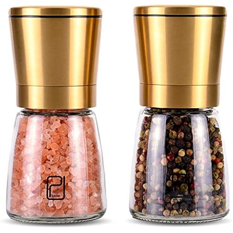 Grinder Set - Golden Salt and Pepper Shaker Mill - Brass Pepper Grinders Refillable - Adjustable Coarseness - Sea Salt, Black Peppercorn Cover