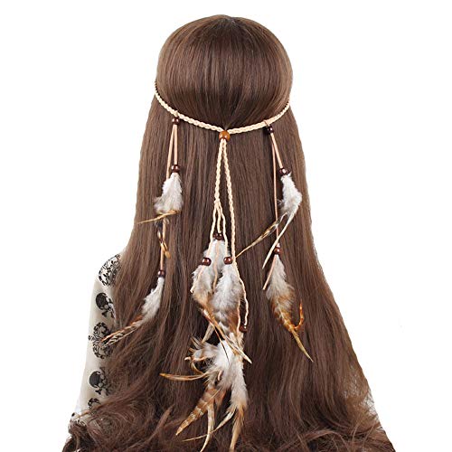 Feather Headband Hippie Indian Boho Hair Bands Tassel Bohemian Halloween Hair Hoop Women Girls Crown Hairband Party Decoration Headdress Cosplay Costume Headwear Headpiece Hair Accessories White