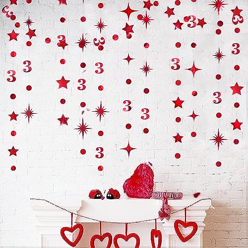 Image of Red 3rd Birthday Decorations Number 3 Circle Dot Twinkle Star Garland Metallic Hanging Streamer Bunting Banner Backdrop for Girls Boys Three Years Old Birthday 3rd Anniversary Party Decor Supplies