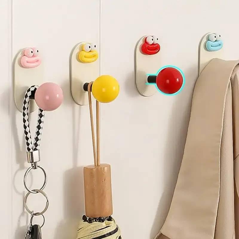 Image of Cartoon Face Self-Adhesive Wall Hook with Colorful Ball Shape Knob, No-Drill Hanging Hook (1)