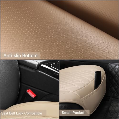 Image of Front Car Seat Covers - Leather Seat Covers with Storage Pocket and Two Belt Pads, Anti-Slip Waterproof Universal Seat Covers for Cars Fit Cars Trucks SUV(Beige,2 Pack)