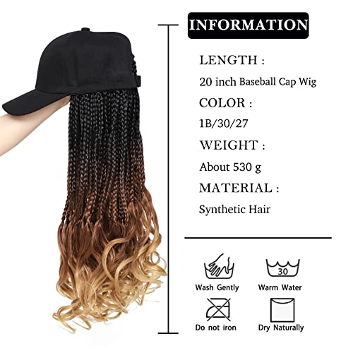 Baseball Wig Cap With 3S Box Braids And Curly Ends Hair Extensions Adjustable Hat With Synthetic Hair Wig Baseball Hat With Hair Attached For Women Daily Use (20Inch, T1B/30/27) #TOP2