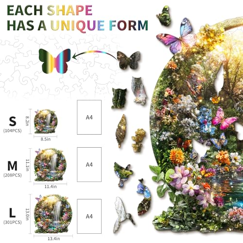 KaayeeWood Wooden Puzzles for Adults, Butterflies and Waterfalls Jigsaw Puzzles, 104 Piece Unique Shaped Puzzle, 3D Visual Landscape Shape Puzzle, Gifts for Adults,Wall Decor(8.5 * 8.2 in) - Image 2