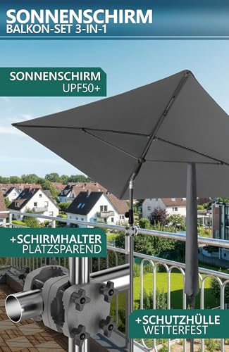 4smile Sonnenschirm Balkon SunnyShade 3-in-1 SET in Anthrazit - UPF 50+ Sonnenschirm rechteckig 200 x 125 cm + Sonnenschirmhalter Balkongeländer + Sonnenschirmhülle 2