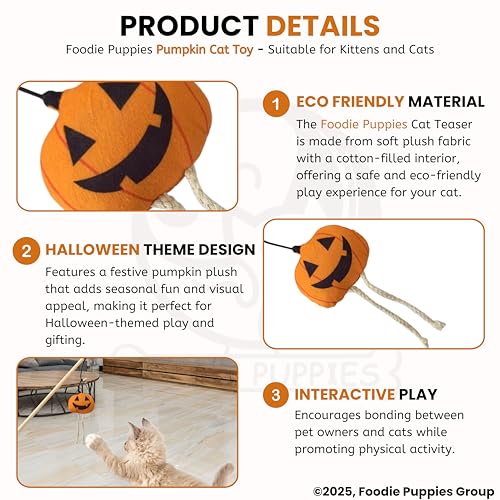 Image of Foodie Puppies Cat Teaser Playing Wooden Stick Halloween Plush Toy (Pumpkin, 41cm) for Cats and Kittens | Interactive Bell Hanging Wood Wand | Fun Teasing, Catching, Chasing and Bonding Play