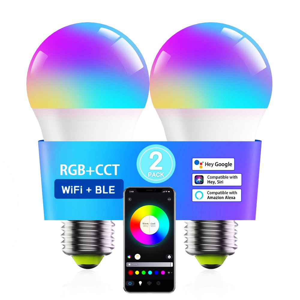 POIUYTO LED Smart Glühbirne E27, WLAN LED Lampe RGBWW dimmbare mit 16 Millionen DIY-Farben, 800LM, Smart home Alexa Zubehör, Sprachsteuerung Funktionieren mit Alexa, Google Assistant, 2 Stück